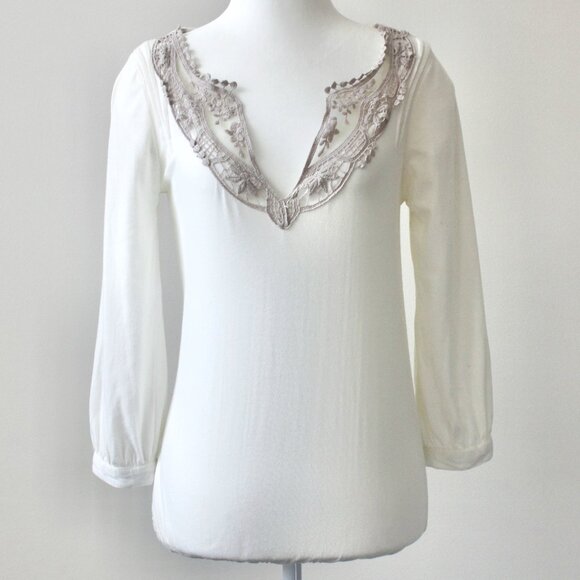 Billabong Vintage Y2K Cotton Off-White Lace V-Neck Long-Sleeve BlouseTop Small - Picture 1 of 12